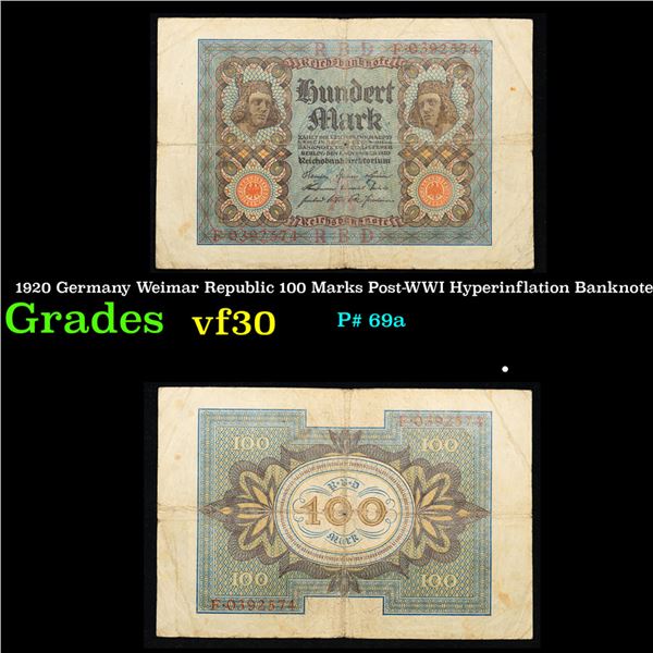 1920 Germany Weimar Republic 100 Marks Post-WWI Hyperinflation Banknote Grades vf++