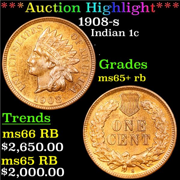 ***Auction Highlight*** 1908-s Indian Cent 1c Graded ms65+ rb By SEGS (fc)