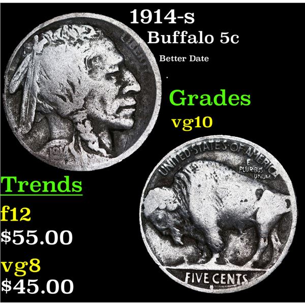 1914-s Buffalo Nickel 5c Grades vg+