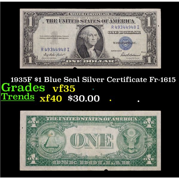 1935F $1 Blue Seal Silver Certificate Fr-1615 Grades vf++