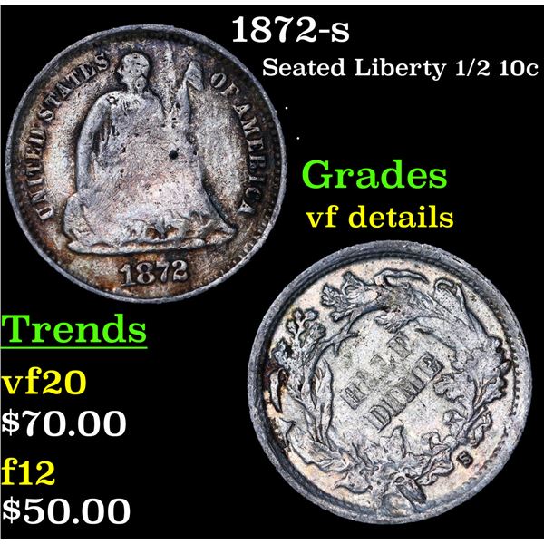 1872-s Seated Liberty Half Dime 1/2 10c Grades vf details