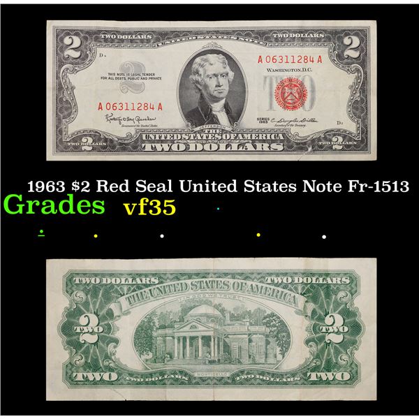 1963 $2 Red Seal United States Note Fr-1513 Grades vf++