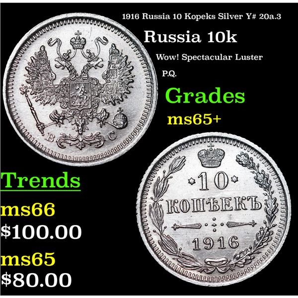 1916 Russia 10 Kopeks Silver Y# 20a.3 Grades GEM+ Unc