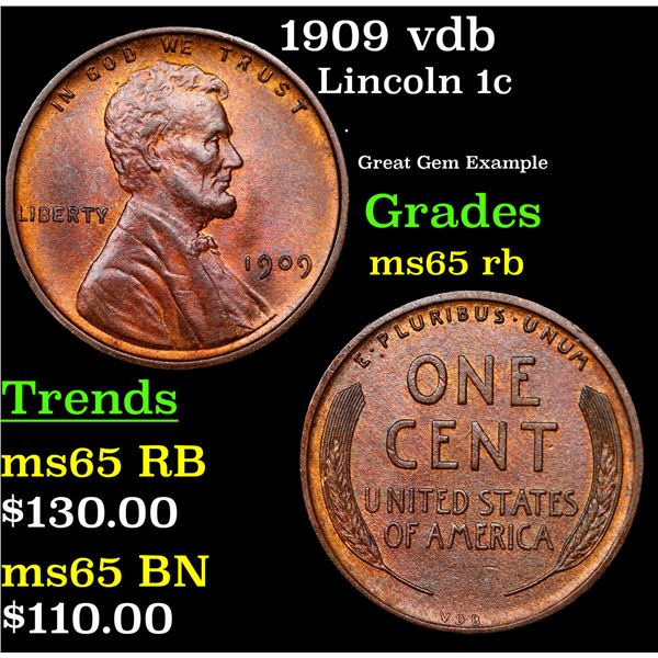 1909 vdb Lincoln Cent 1c Grades GEM Unc RB