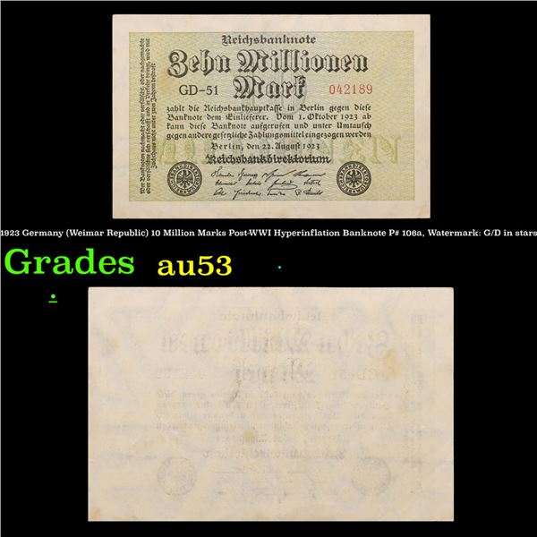 1923 Germany (Weimar Republic) 10 Million Marks Post-WWI Hyperinflation Banknote P# 106a, Watermark: