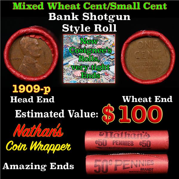 Mixed small cents 1c orig shotgun roll, 1909-p Lincoln Cent Cent, Wheat Cent other end, Nathan's Bra