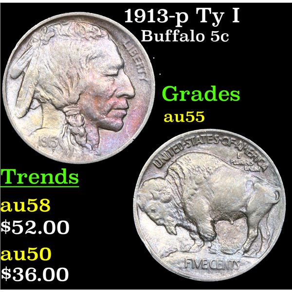 1913-p Ty I Buffalo Nickel 5c Grades Choice AU