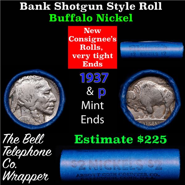 Buffalo Nickel Shotgun Roll in Old Bank Style 'Abbott Coin Counter' Wrapper 1937 & p Mint Ends