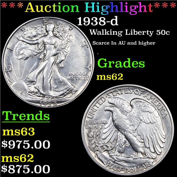 ***Auction Highlight*** 1938-d Walking Liberty Half Dollar 50c Graded Select Unc BY USCG (fc)