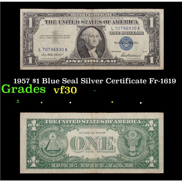 1957 $1 Blue Seal Silver Certificate Fr-1619 Grades vf++