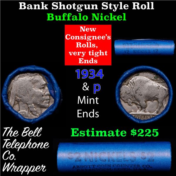 Buffalo Nickel Shotgun Roll in Old Bank Style 'Abbott Coin Counter' Wrapper 1934 & p Mint Ends