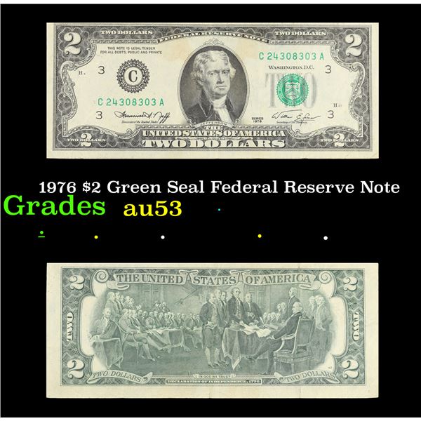 1976 $2 Green Seal Federal Reserve Note Grades Select AU