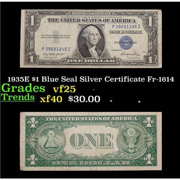 1935E $1 Blue Seal Silver Certificate Fr-1614 Grades vf+