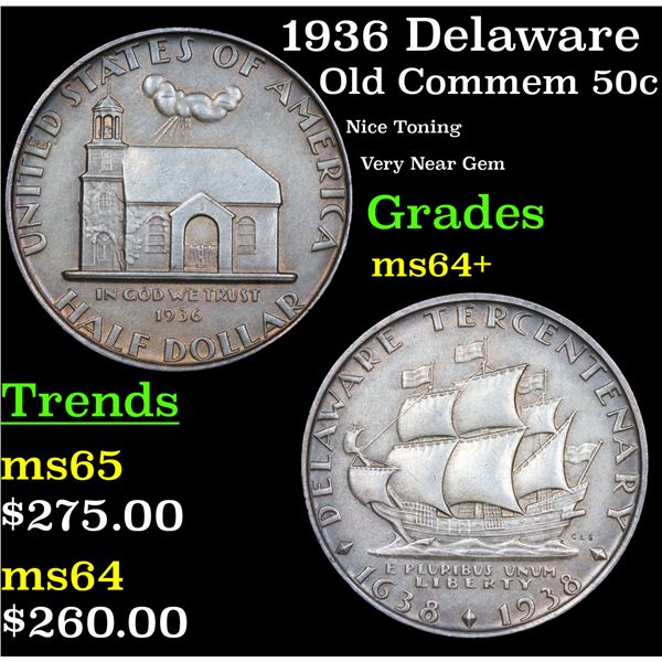 1936 Delaware Old Commem Half Dollar 50c Grades Choice+ Unc