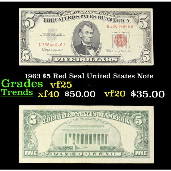 1963 $5 Red Seal United States Note Grades vf+