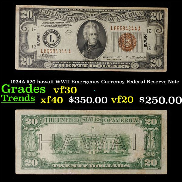 1934A $20 hawaii WWII Emergency Currency Federal Reserve Note Grades vf++