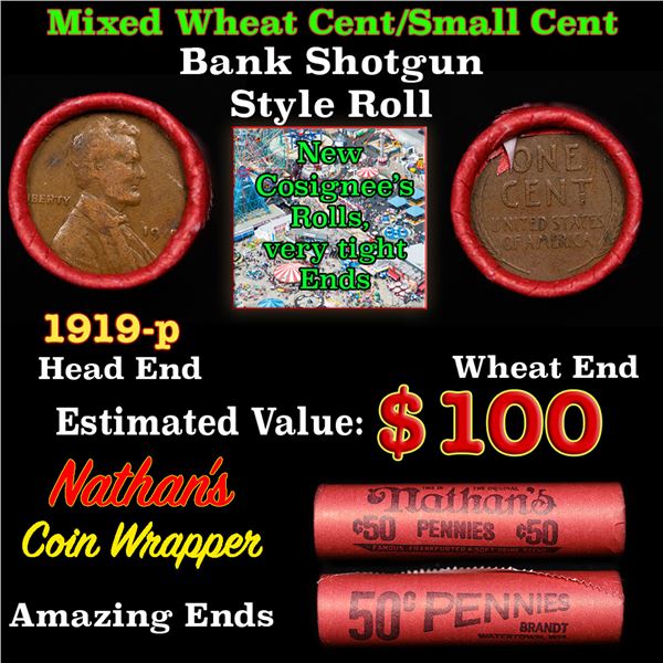 Mixed small cents 1c orig shotgun roll, 1919-p Lincoln Cent, Wheat Cent other end, Nathan's Brandt W