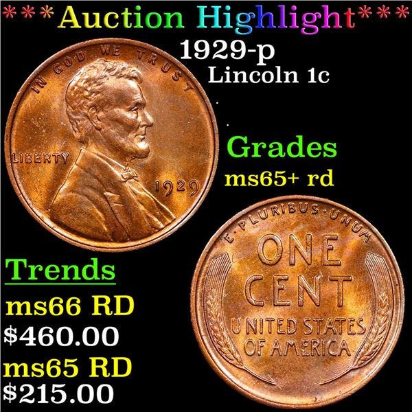 ***Auction Highlight*** 1929-p Lincoln Cent 1c Grades Gem+ Unc RD (fc)