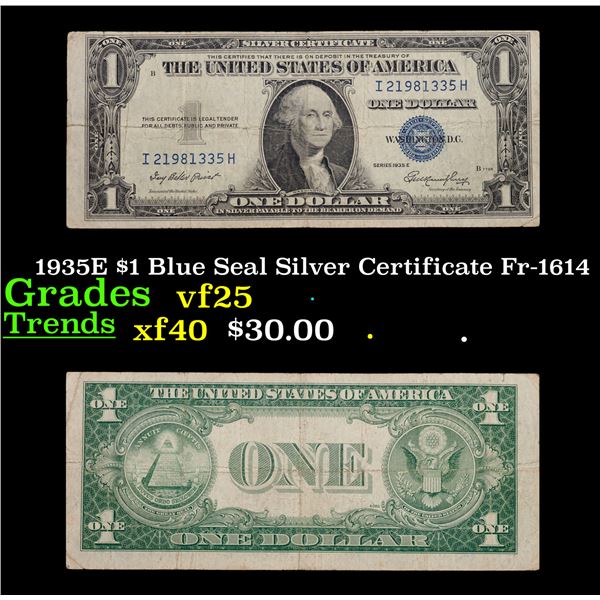 1935E $1 Blue Seal Silver Certificate Fr-1614 Grades vf+
