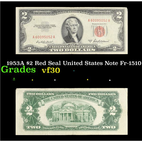 1953A $2 Red Seal United States Note Fr-1510 Grades vf++