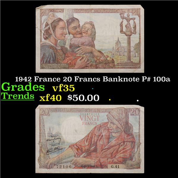 1942 France 20 Francs Banknote P# 100a Grades vf++