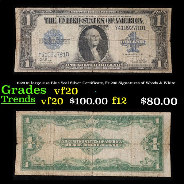 1923 $1 large size Blue Seal Silver Certificate, Fr-238 Signatures of Woods & White Grades vf, very 