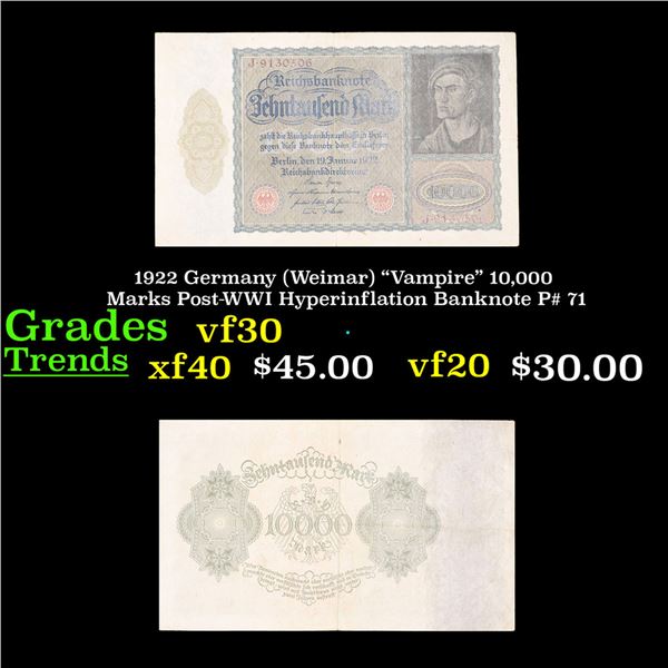1922 Germany (Weimar) "Vampire" 10,000 Marks Post-WWI Hyperinflation Banknote P# 71 Grades vf++