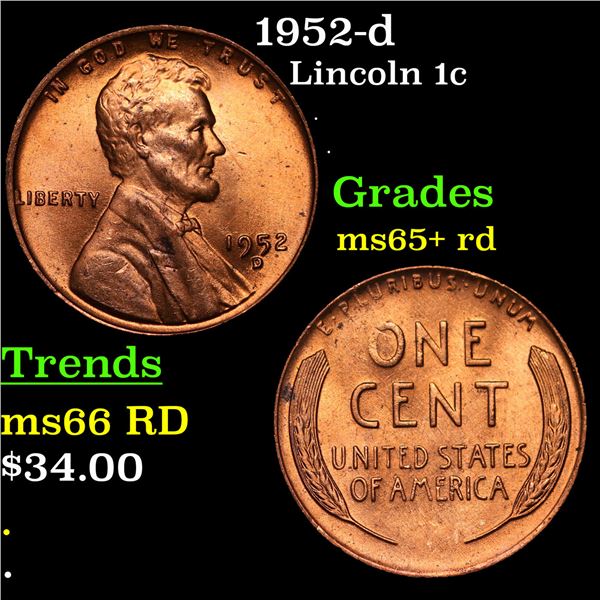 1952-d Lincoln Cent 1c Grades Gem+ Unc RD