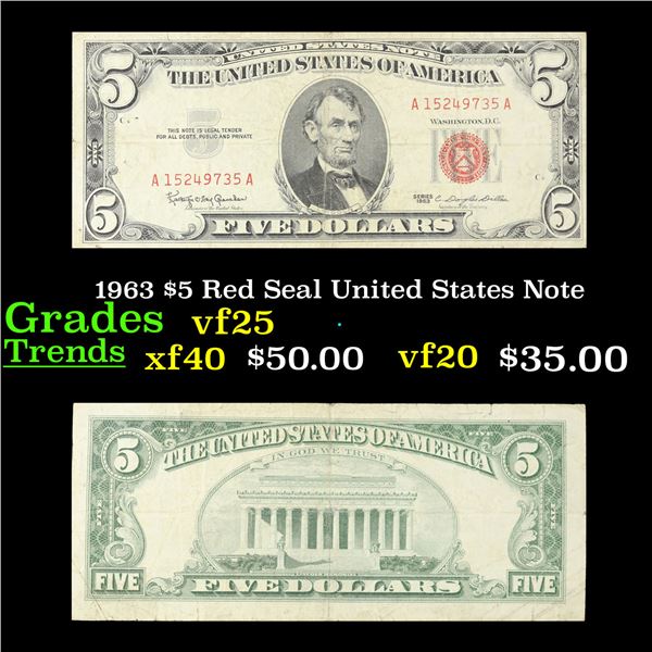 1963 $5 Red Seal United States Note Grades vf+