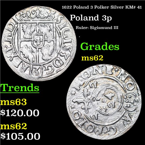 1622 Poland 3 Polker Silver KM# 41 Grades Select Unc