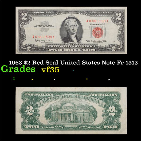 1963 $2 Red Seal United States Note Fr-1513 Grades vf++