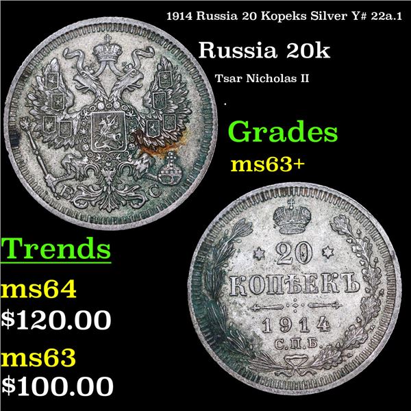 1914 Russia 20 Kopeks Silver Y# 22a.1 Grades Select+ Unc