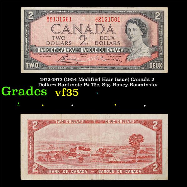 1972-1973 (1954 Modified Hair Issue) Canada 2 Dollars Banknote P# 76c, Sig. Bouey-Rasminsky Grades v