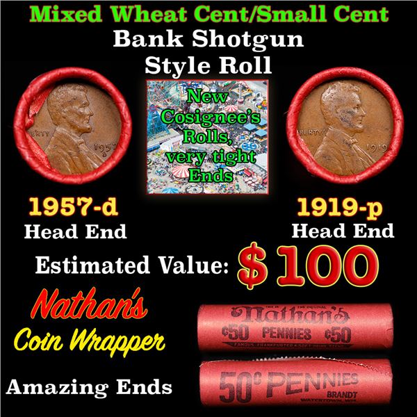 Mixed small cents 1c orig shotgun roll, 1919-p Lincoln Cent, 1957-d Lincoln Cent other end, Nathan's