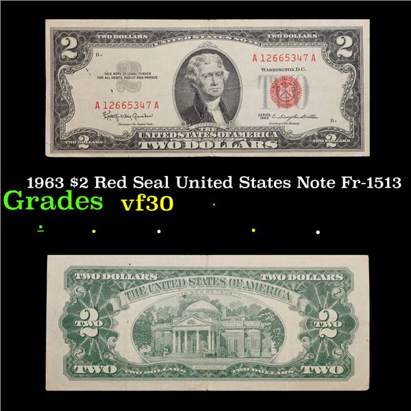 1963 $2 Red Seal United States Note Fr-1513 Grades vf++