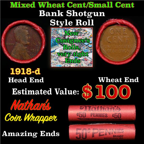 Mixed small cents 1c orig shotgun roll, 1918-d Lincoln Cent,Wheat Cent other end, Nathan's Brandt Wr