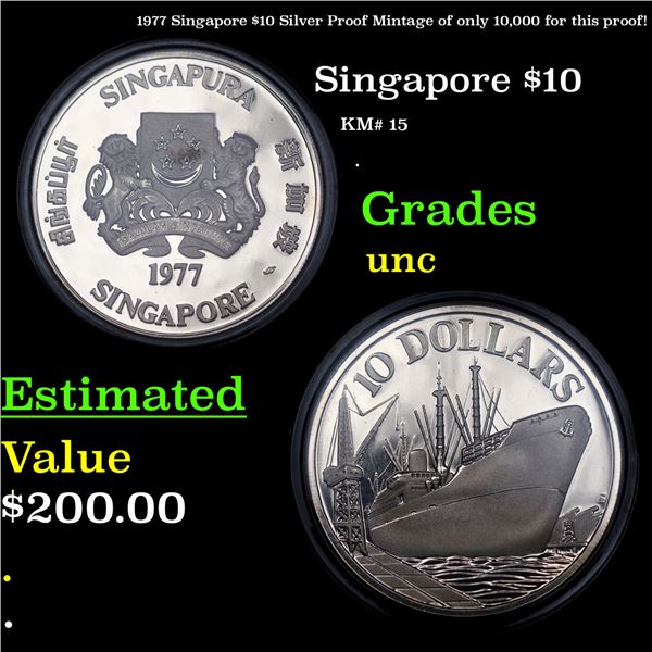 1977 Singapore $10 Silver Proof Mintage of only 10,000 for this proof! Grades GEM++ Proof Deep Cameo