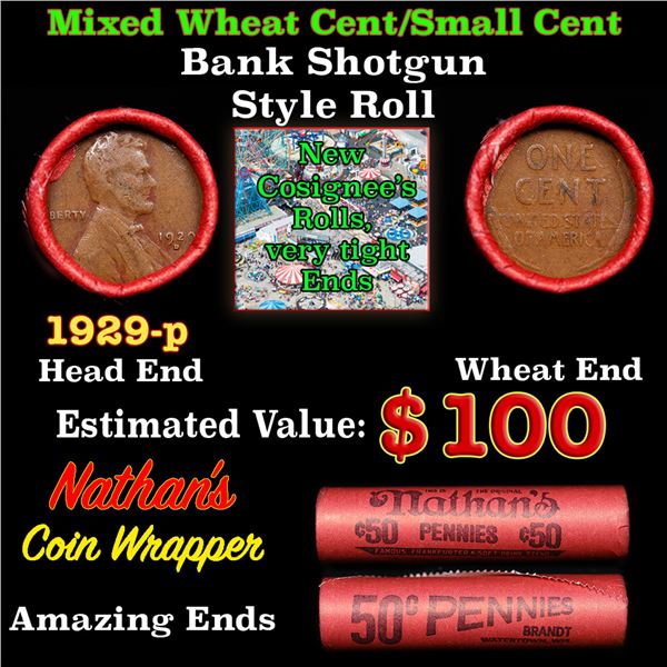 Mixed small cents 1c orig shotgun roll, 1929-d Lincoln Cent, Wheat Cent other end, Nathan's Brandt W