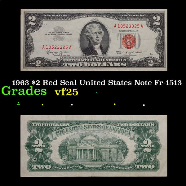 1963 $2 Red Seal United States Note Fr-1513 Grades vf+