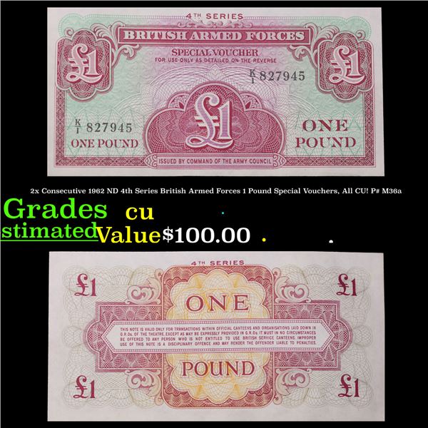 2x Consecutive 1962 ND 4th Series British Armed Forces 1 Pound Special Vouchers, All CU! P# M36a Gra