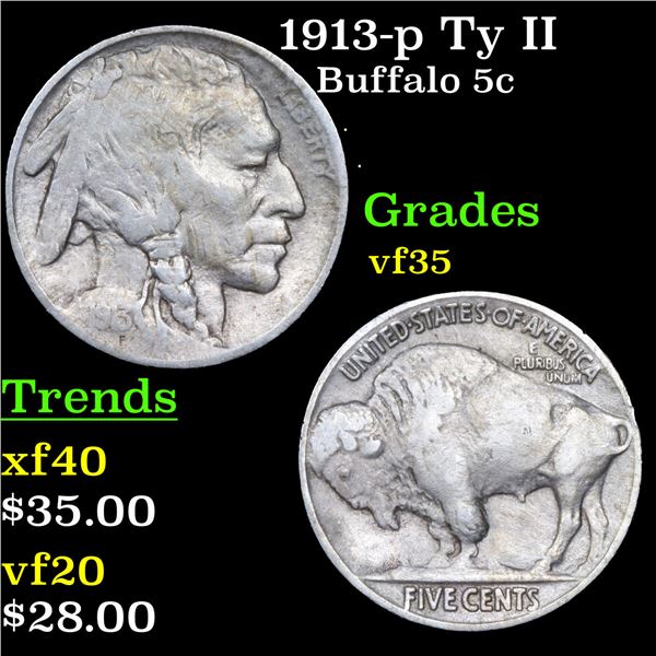 1913-p Ty II Buffalo Nickel 5c Grades vf++