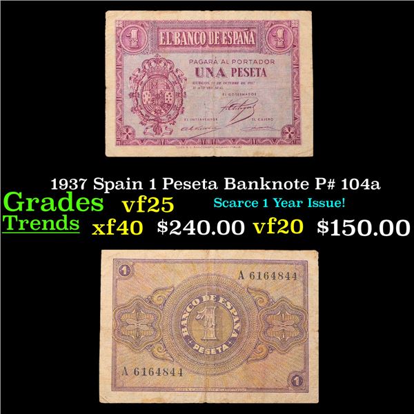 1937 Spain 1 Peseta Banknote P# 104a Grades vf+