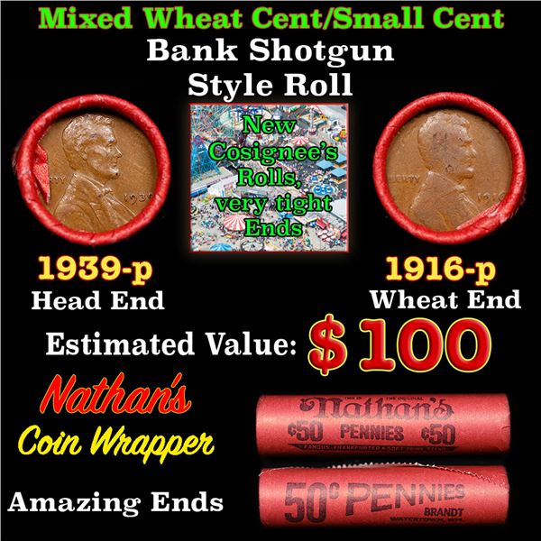 Mixed small cents 1c orig shotgun roll, 1916-p Lincoln Cent, 1939-p Lincoln Cent other end, Nathan's