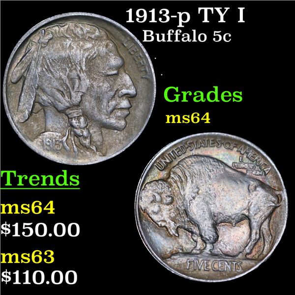 1913-p TY I Buffalo Nickel 5c Grades Choice Unc