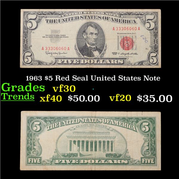 1963 $5 Red Seal United States Note Grades vf++