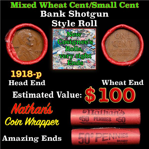 Mixed small cents 1c orig shotgun roll, 1918-p Lincoln Cent, Wheat Cent other end, Nathan's Brandt W
