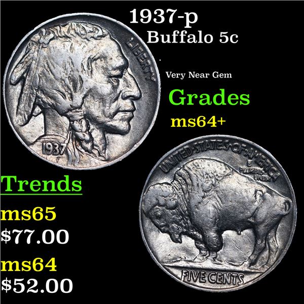 1937-p Buffalo Nickel 5c Grades Choice+ Unc