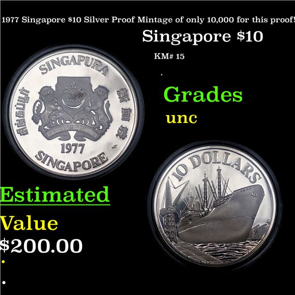 1977 Singapore $10 Silver Proof Mintage of only 10,000 for this proof! Grades GEM++ Proof Deep Cameo