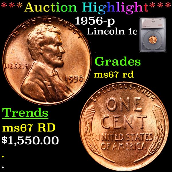 ***Auction Highlight*** 1956-p Lincoln Cent 1c Graded ms67 rd BY SEGS (fc)
