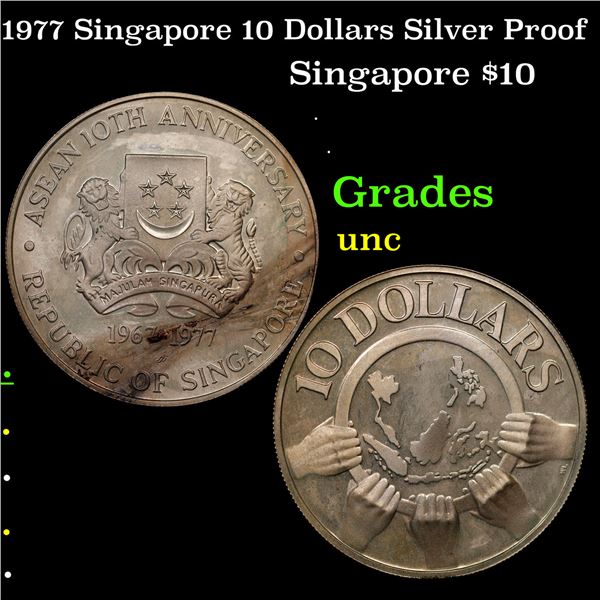 1977 Singapore 10 Dollars Silver Proof Grades Brilliant Uncirculated